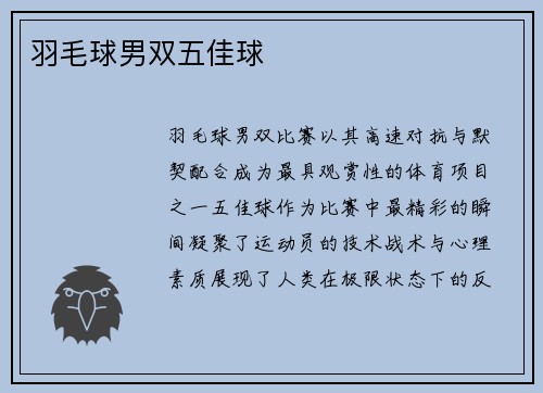 羽毛球男双五佳球